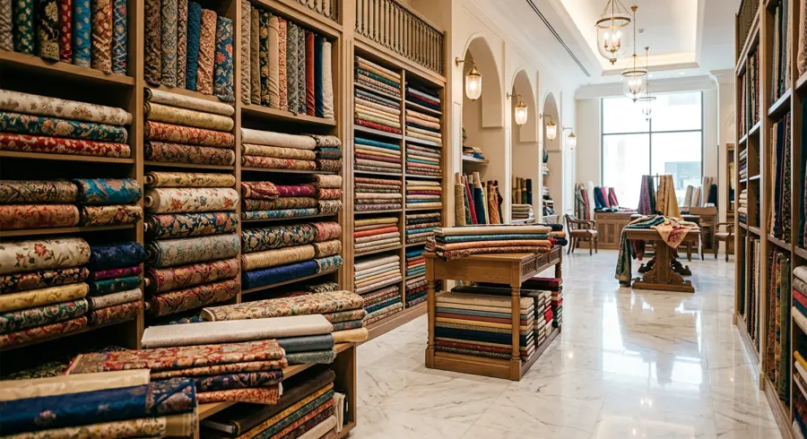 Rolls of fabric on display in the MJM shop in Dubai